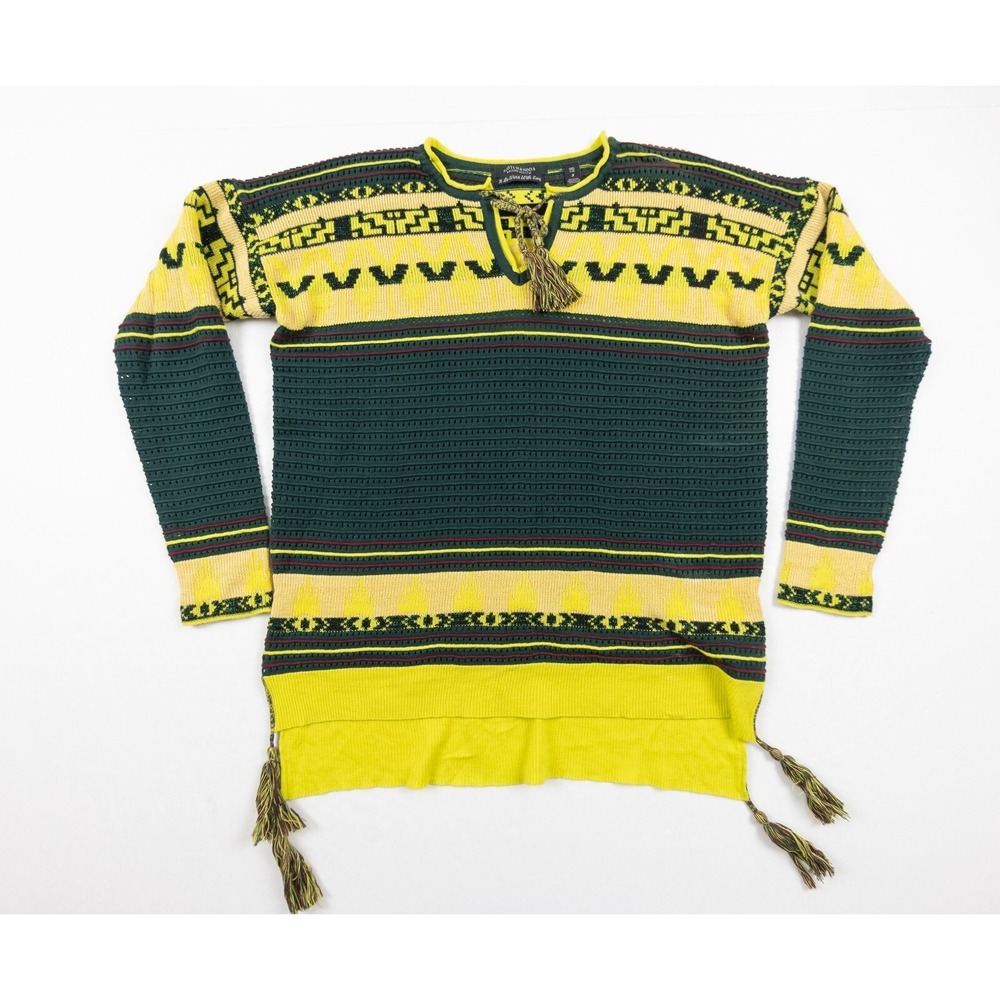 Scotch & Soda Sweater Womens 3 Yellow Green Knit Pullover Vneck Tassle Fringe
